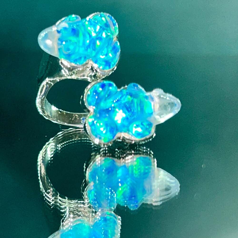 Exquisitely carved 12.15 carat Blue opal Quartz Twin Frog ring